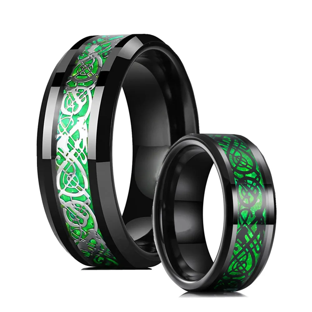 Fashion Green Carbon Fiber Inlay Black Tungsten Wedding Ring For Men Stainless Steel Ring Celtic Dragon Ring Men Wedding Band