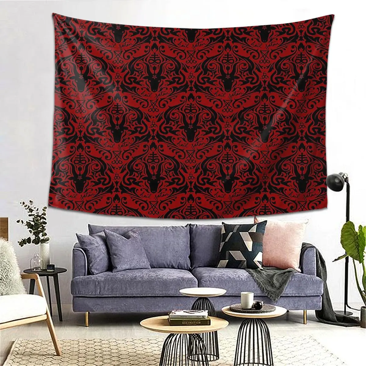 

Damask - Hail Satan (Black & Red Default) Aesthetic Home Decoration Tapestry Wall Hanging Tapestries for Living Room Dorm Room