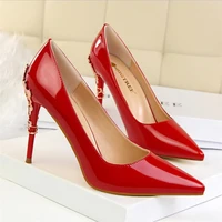 2019 women pumps luxury metal flowers high heels shoes fashion pointed toe patent leather summer wedding shoes woman zapatos