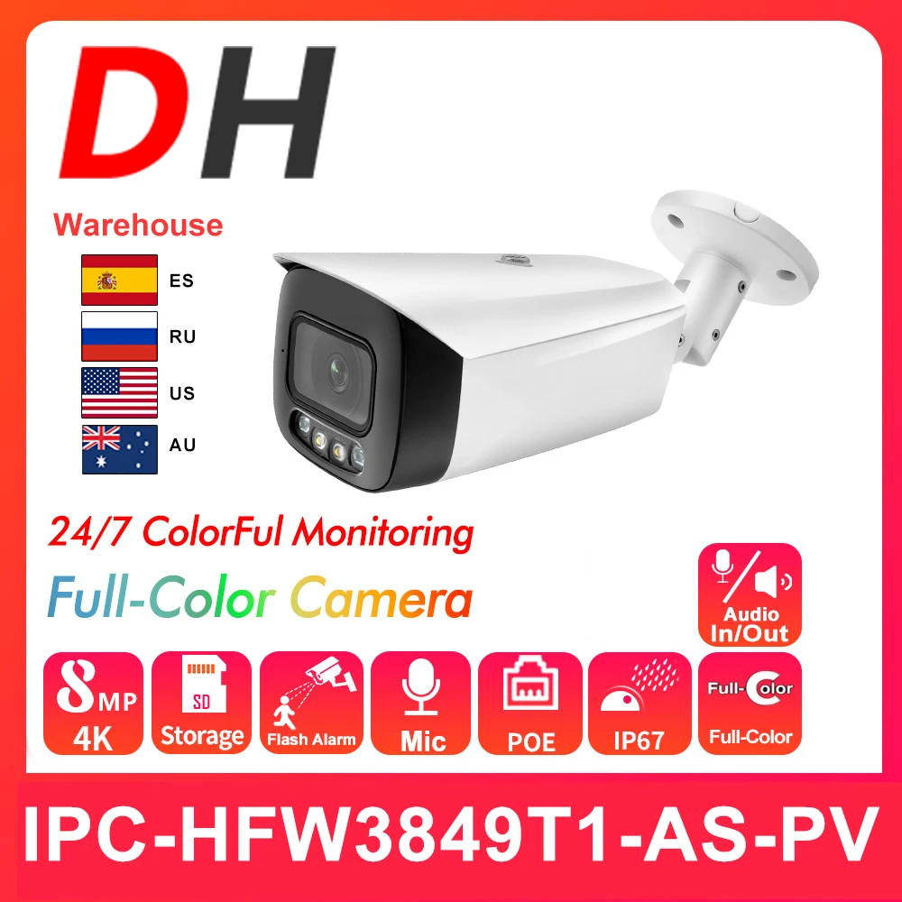 

Dahua 8MP IP Camera 4K Full-Color WizSense Active Deterrence IPC-HFW3849T1-AS-PV Built-in mic Audio SD POE Outdoor Camera IP67