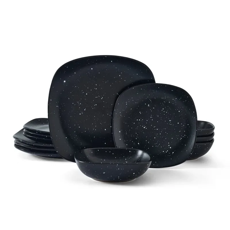 

Elegant, Stylish 12-piece Luxurious Square Stoneware Dinnerware Set with Black Speckle Glaze