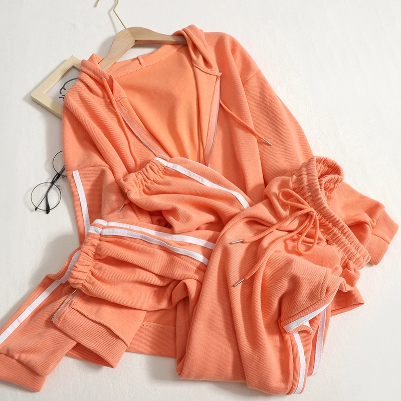 

Two Piece Knit Women College Style Sports Suit Female Top Casual Loose Set Fashion Hooded Casual Lady Wide-Lleg Trousers Suit