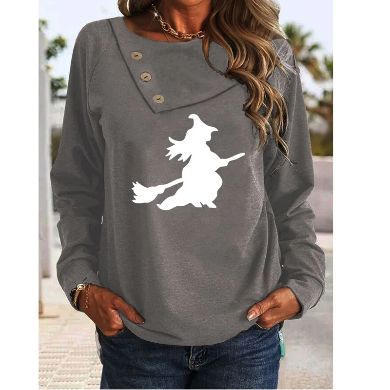 

Halloween Printing Top Sweatshirts Hot Selling Women's Loose Button Collar T-shirt Female Autumn Winter Long Sleeve Tee Pullover