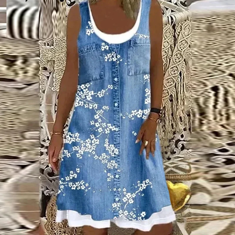 

Women Floral Print Tank Dress Summer New Denim Style O-Neck Splice Split Mini Dresses Female Casual Loose Plus Size A-Line Dress