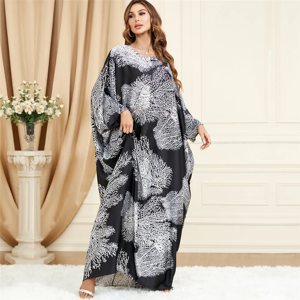 

Fashion Muslim Abaya Bat Sleeve Loose Long Maxi Dress Kaftan Dubai Print Islamic Eid Ramadan Party Gown Moroccan Jilbab Vestidos