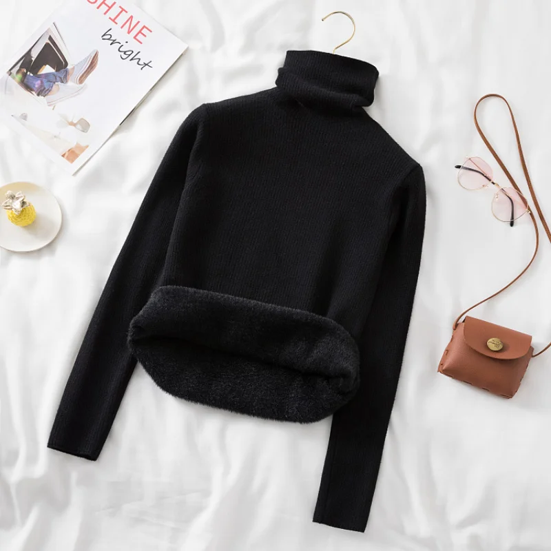 

Вязаные топы, зимний теплый корейский пуловер с длинным рукавом, утепленная бархатная водолазка, повседневные женские свитера