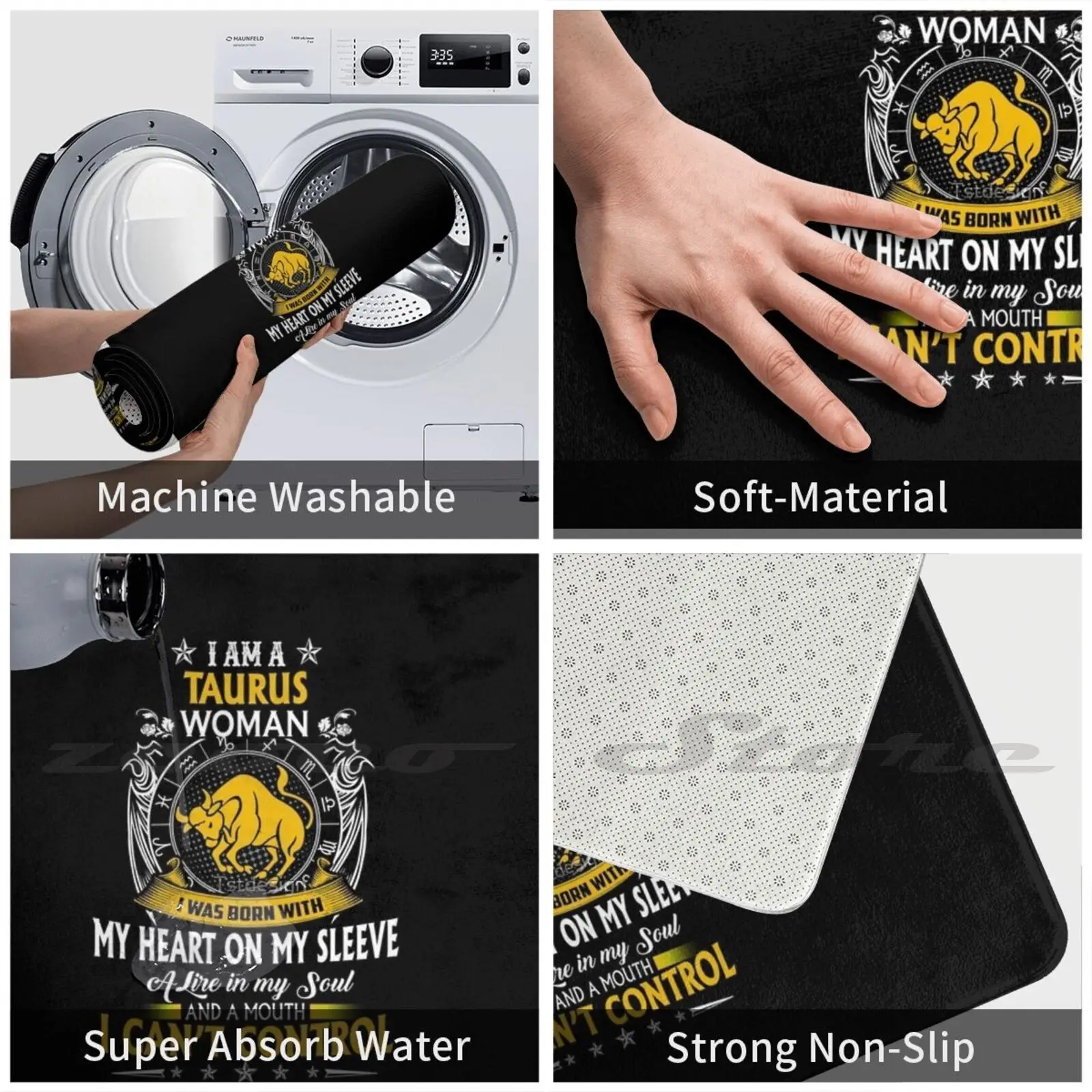 Футболка "Я - женщина Телец" с зодиакальным ковриком на двери с мягким водопоглощающим покрытием.