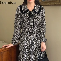 koamissa 2022 korean vintage floral long dress for women puff sleeve lace up party dresses elegant spring autumn slim vestidos