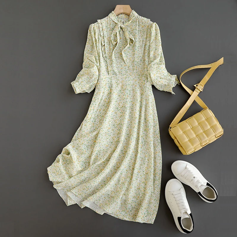 

Women Dresses 2022 Spring Prairie Chic Long Sleeve Stand Up Ruffles Collar Floral Dresses Sweet One Piece Flowers Printed Dress