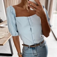 women blouse new 2022 casual solid color strapless single breasted summer temperament slim fitting office ladies shirt streetwea