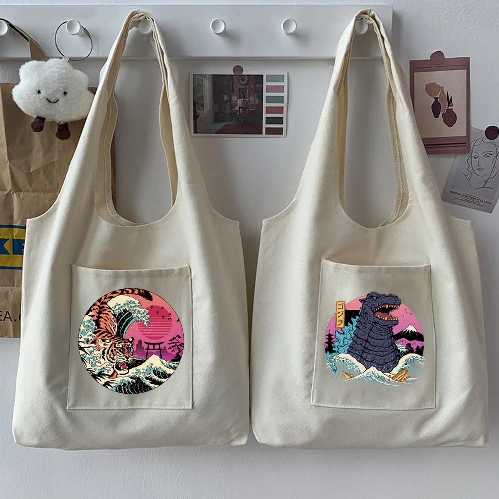 

Японская повседневная женская сумка, сумка-тоут для покупок, сумка на плечо, Сумка с мультяшным рисунком кота для поездок, бежевая вместител...