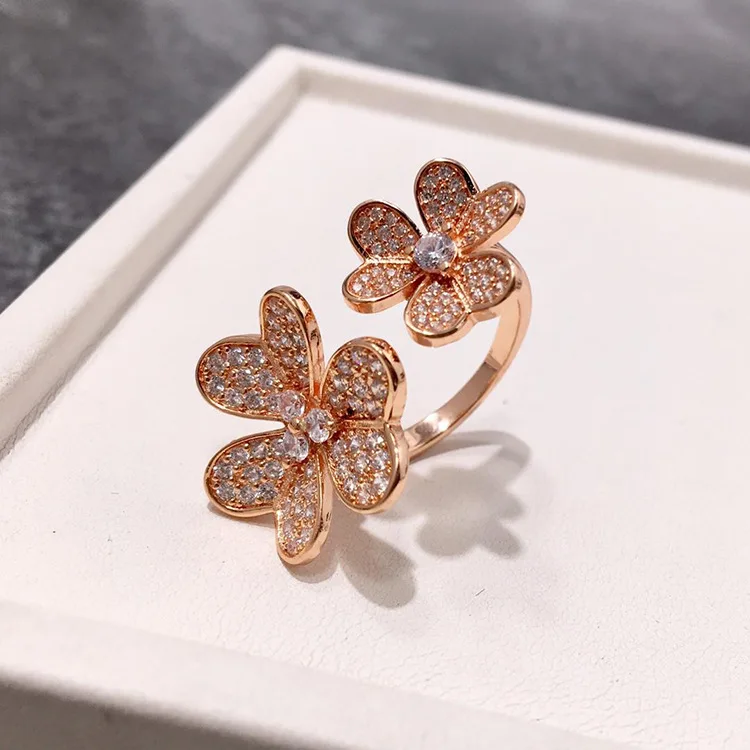 

Lucky Clover Ring AAA Quality Fashion Jewelry Pave Zircon Rose Gold Color Double Flower Open Rings for Women Adjustable Size