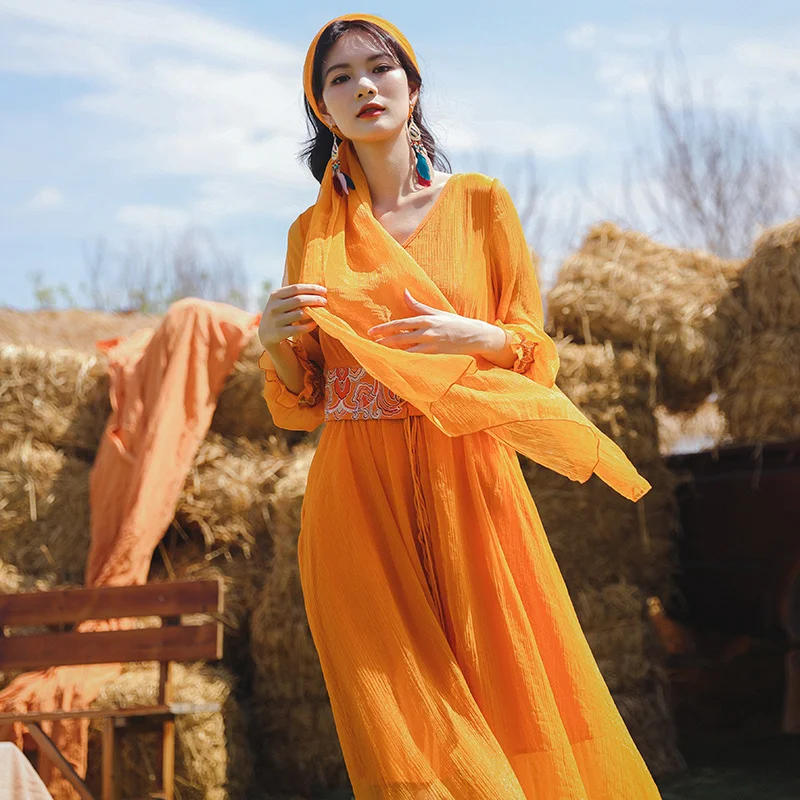 Женское платье в этническом стиле желтое ретро для путешествий с длинными
