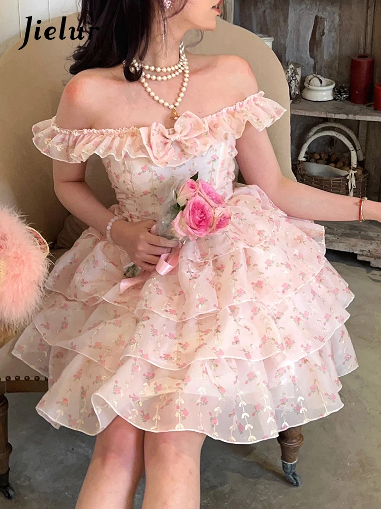 

Jielur Lolita Mini Dress Women Kawaii Clothing Sweet Fairy Floral Short Party Dress Female 2022 Summer Elegant One Piece Dress