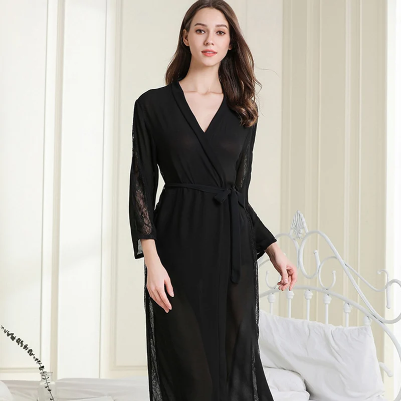 

Robe Women Black Lace Edge Nightgown V Neck Sexy Sleep Dress Ice Silk Nightdress Home Clothing Long Sleeves Kimono Bathrobe