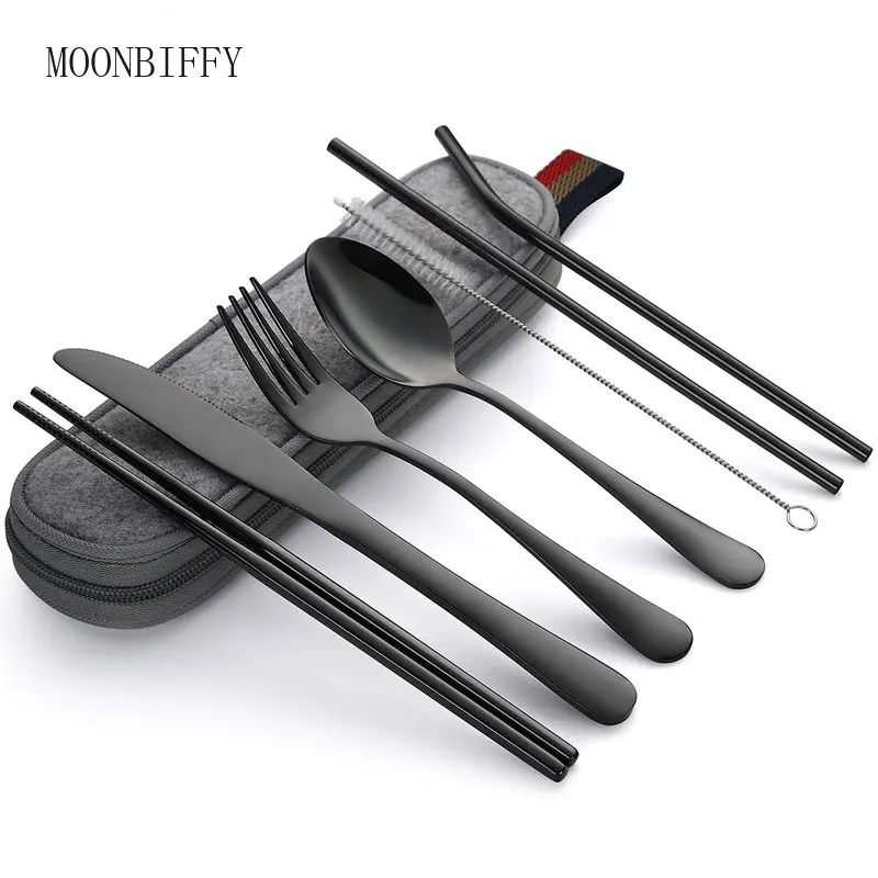 7Pcs/set Tableware Reusable Travel Cutlery Set Camp Utensils Set with Stainless Steel Spoon Fork Chopsticks Straw Portable Case