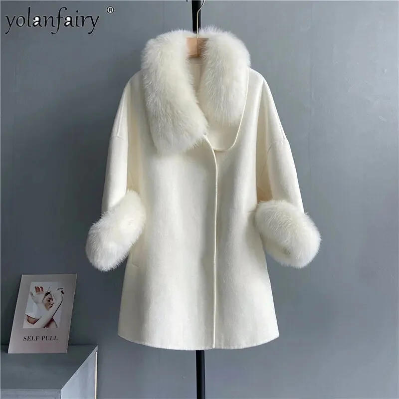 

Женское двухстороннее шерстяное пальто, свободное элегантное пальто средней длины с воротником «Лисий воротник», куртка в Корейском стиле, новинка 2024