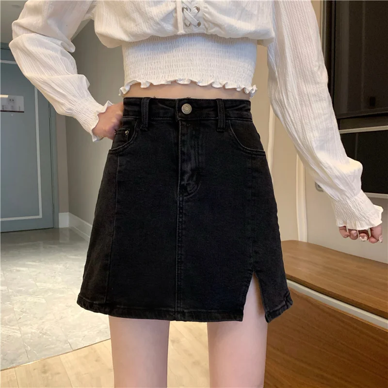 

Юбка женская джинсовая с разрезом, элегантная тонкая трапециевидная юбка с завышенной талией, короткая черная, на лето