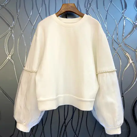 Women Sweatshirts 2022 Autumn Wear Female Chic O neck Drop Shoulder Beading Lantern Sleeve Tops Original Design Tide Hoodies