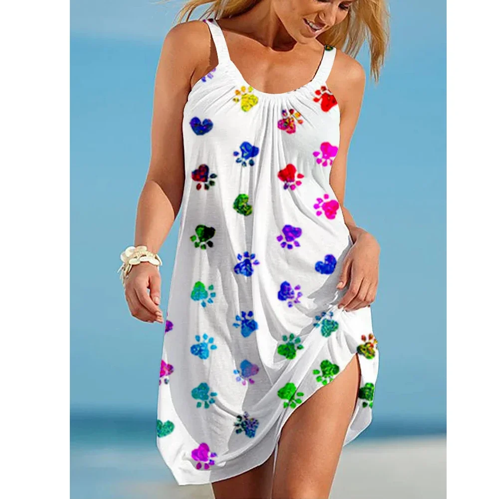 

Летнее милое Привлекательное платье-трапеция для красивой девушки с принтом лап, повседневное летнее пляжное мини-платье без рукавов с Кле...