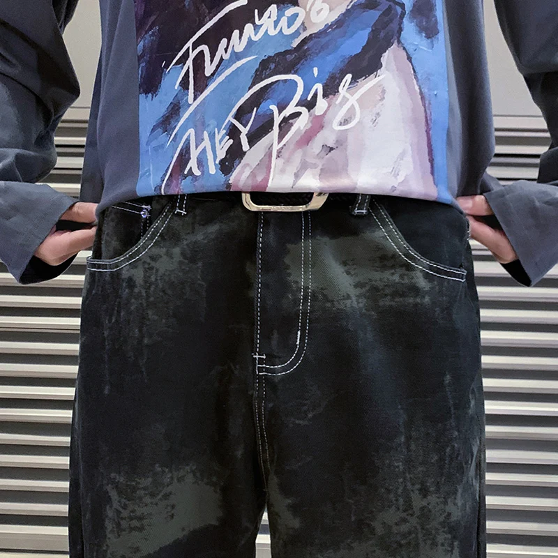 2022 Spring New Korean Style Fashion Tie Dye Harem Jeans Men Elastic Waist Denim Straight Baggy Wide-leg Pants Male Brand