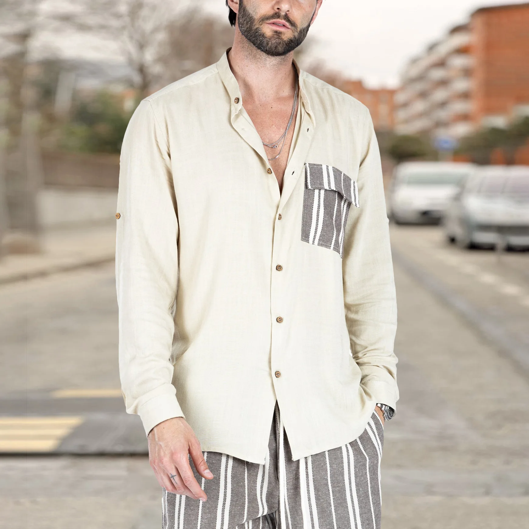 2023 Men Clothes New Fashion Summer Contrast Color Stitching Lapel Casual Men's Cotton Linen Short Sleeve Shirt Comfortable Tops