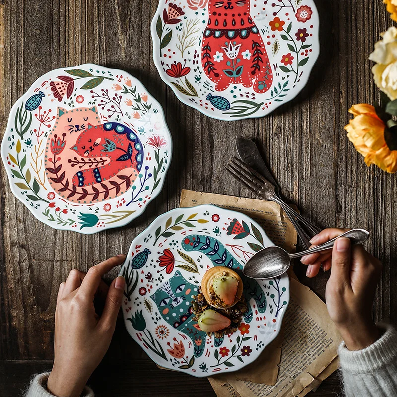 

20cm Cartoon Cute Cat Dinner Plate Sets Hand Painted Retro Under-glazed Dessert Dishes Steak Ceramic Kitchen Plates Tableware