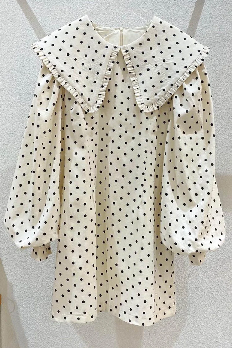 

SuperAen 2022 Spring New Peter Pan Collar Loose Lantern Sleeve Straight Flounced Edge Casual Dresses Women