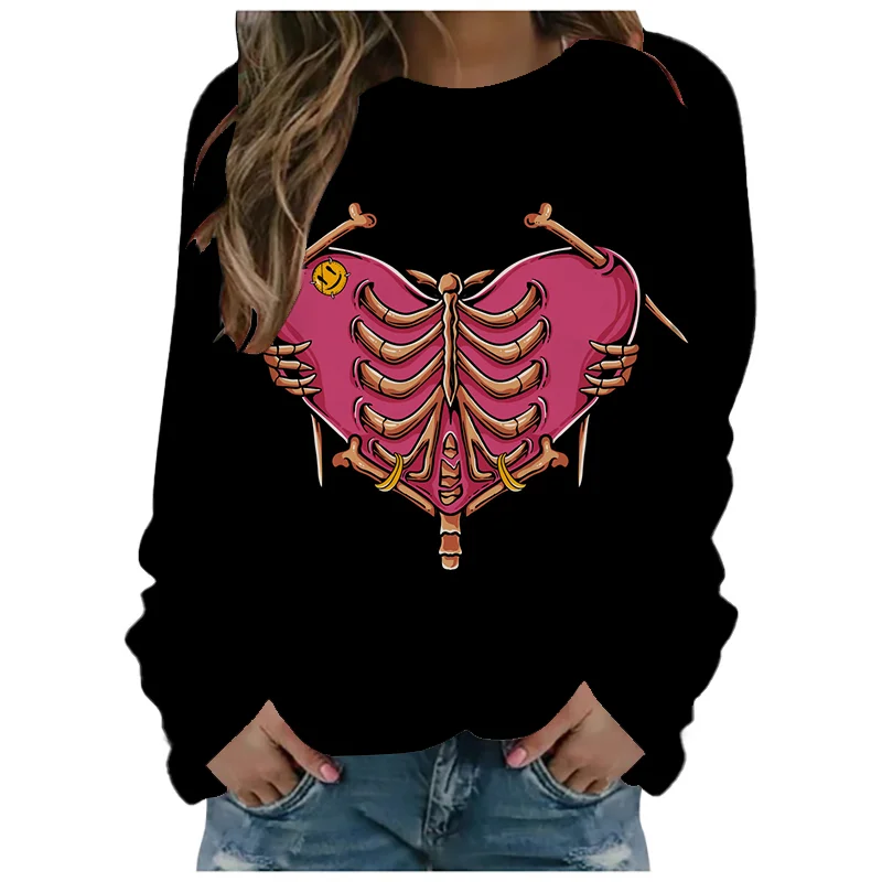 

Ladies Love Skull Element Design Pattern Harajuku Casual Loose Street Long Sleeve T-Shirt Skull Print Women's Long Sleeve