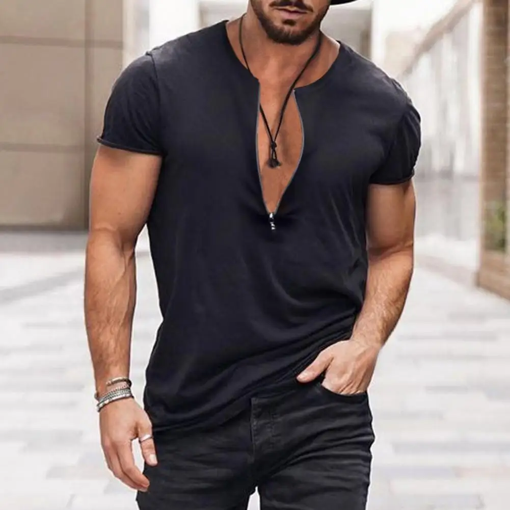 

Men T-shirt Thin Quick Dry Anti-pilling Lightweight Zipper Decor Short Sleeves V Neck Soft Material Summer Tops Male Garment