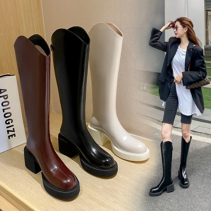 

Western Cowboy Boot Women's Winter New Genuine Leather below the Knee Long Boots Thick High Heel Platform Tall Knight Boots