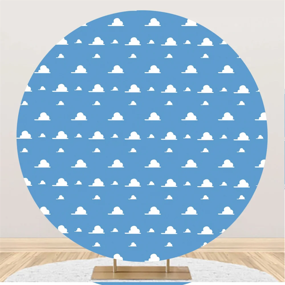 

Cartoon Blue Sky and White Clouds Round Backdrop Kids Birthday Party Photo Table Decors Circle Background Studio Poster Booth