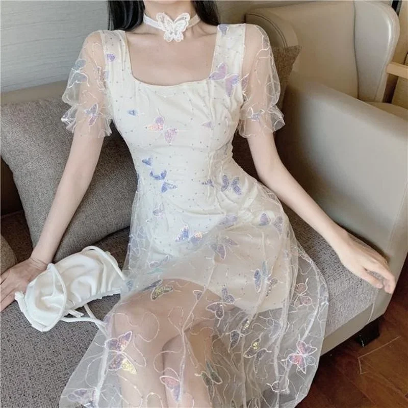 

Square Collar Elegant Dress Women Butterfly Design Chiffon Kawaii Dress Beach Party Dress for Females Korean Style 2021 Summer