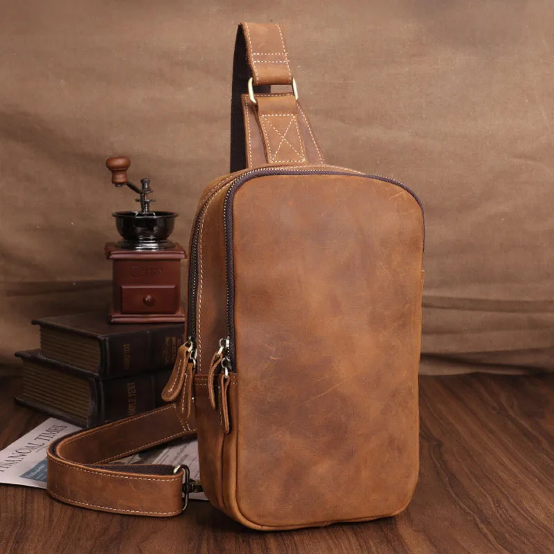 AETOO  New large capacity crazy horse skin chest bag men's head layer cowhide backpack leather casual fashion retro outdoor cros