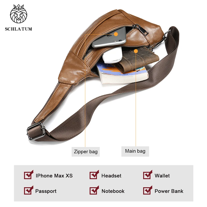 SCHLATUM Genuine Leather Men's Chest Bag Cowhide Casual Messenger Large-Capacity Sports Male Shoulder Bag