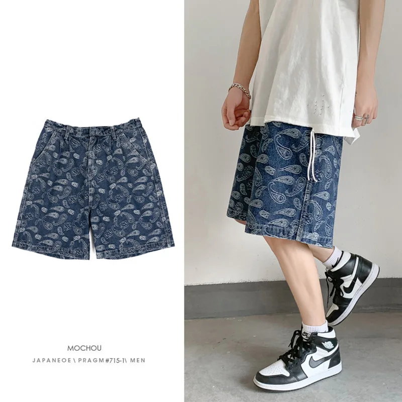 

Hiphop vintage fashion brand cashew blossom denim shorts men's summer thin loose straight ruffian handsome Street pants