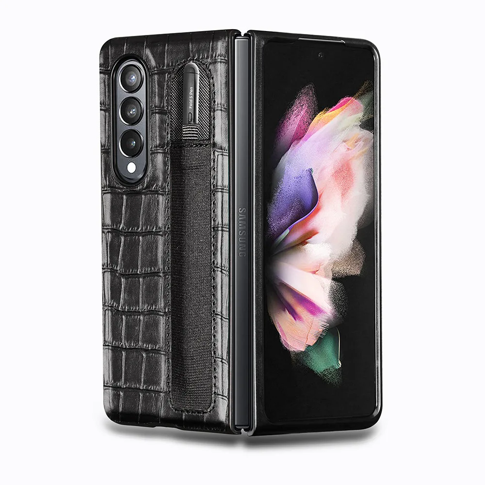 

Genuine Leather S-Pen Elastic Pocket Cover For Samsung Galaxy Z Fold 3 Fold3 Crococdile Pattern Armor Case With Pen Slot Holder