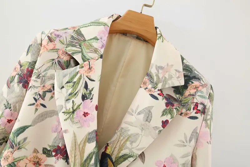 Fashion Women Office Wear Floral Print Blazer Coat Vintage Long Sleeve Pockets Female Outerwear Chic Tops