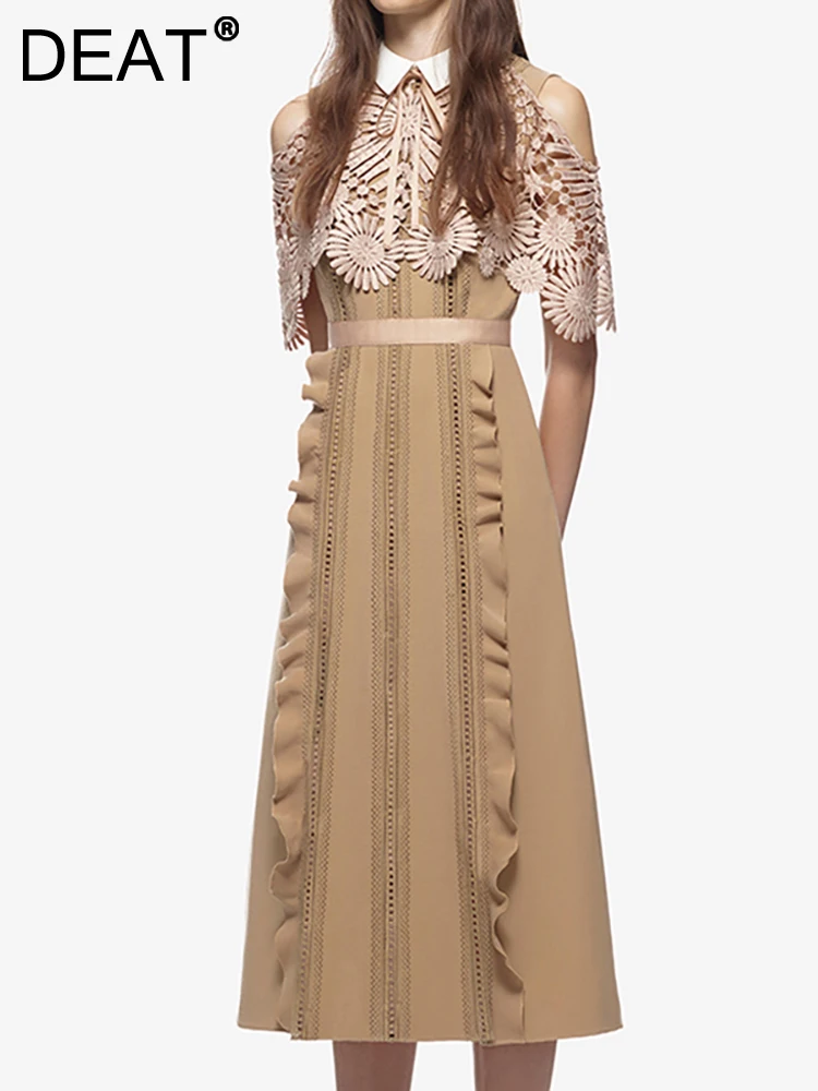 

DEAT Women's Fashion Dress Lapel Short Sleeve Embroidery Patchwork Ruffles Waist Female Elegant Dresses Summer 2023 New 13DB2609