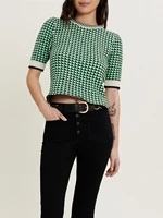 maj green houndstooth knitted sweater 2022 spring new french retro slim round neck short sleeved top women
