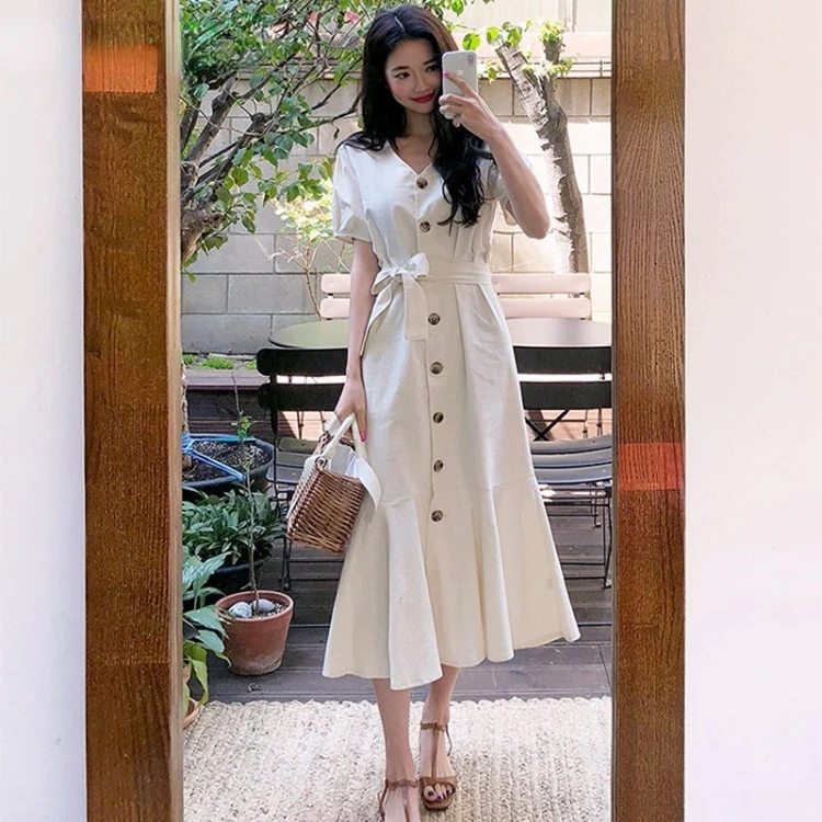 

Women Dresses Vintage High Waist V-Neck Casual Single Breasted Lace Up Bow Puff Sleeve Trumpet Elegance Long Dress Summer 2023