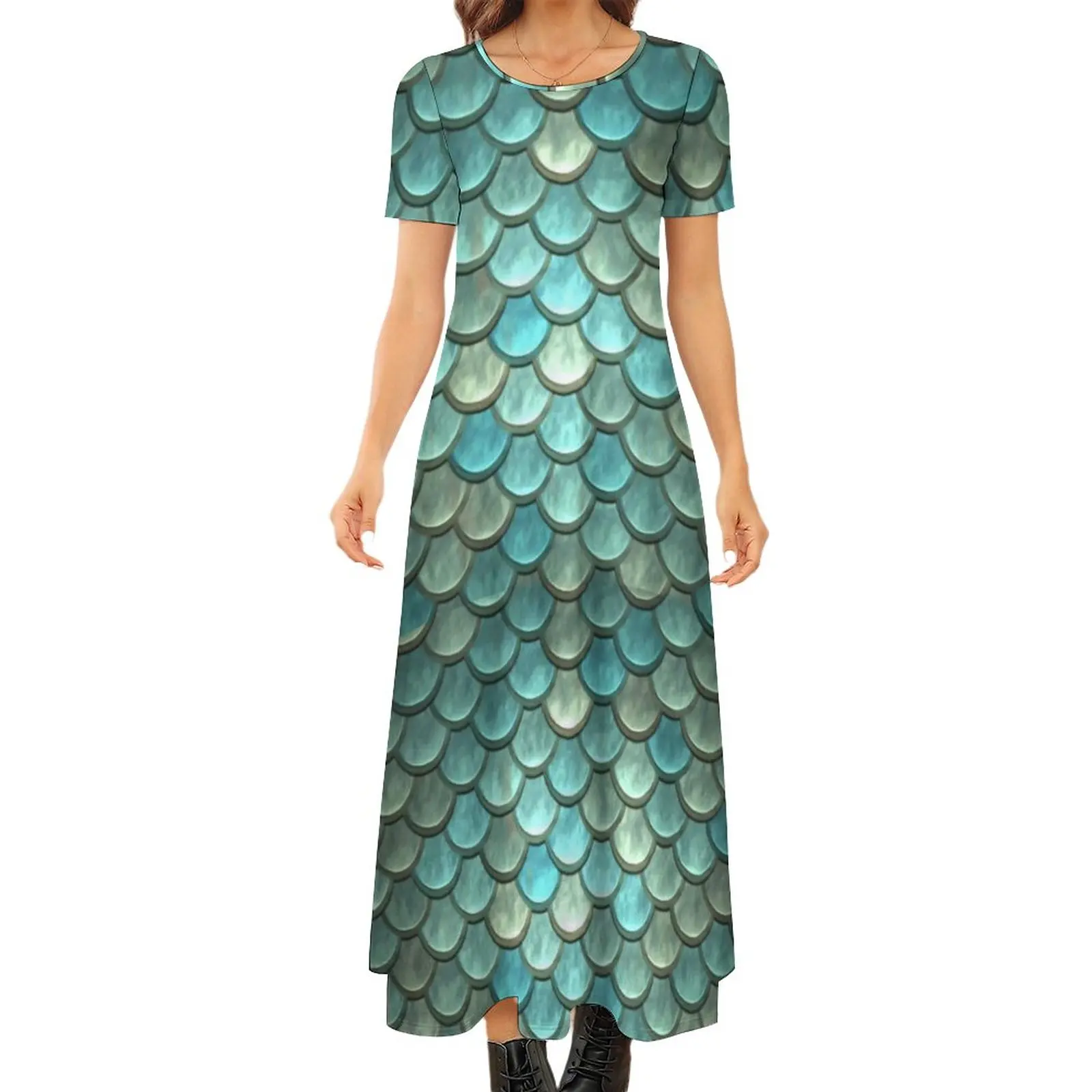 

Женское винтажное платье-русалка, длинное платье с металлическим принтом в виде голубой рыбьей чешуи, с коротким рукавом, пляжная одежда в стиле бохо, большие размеры