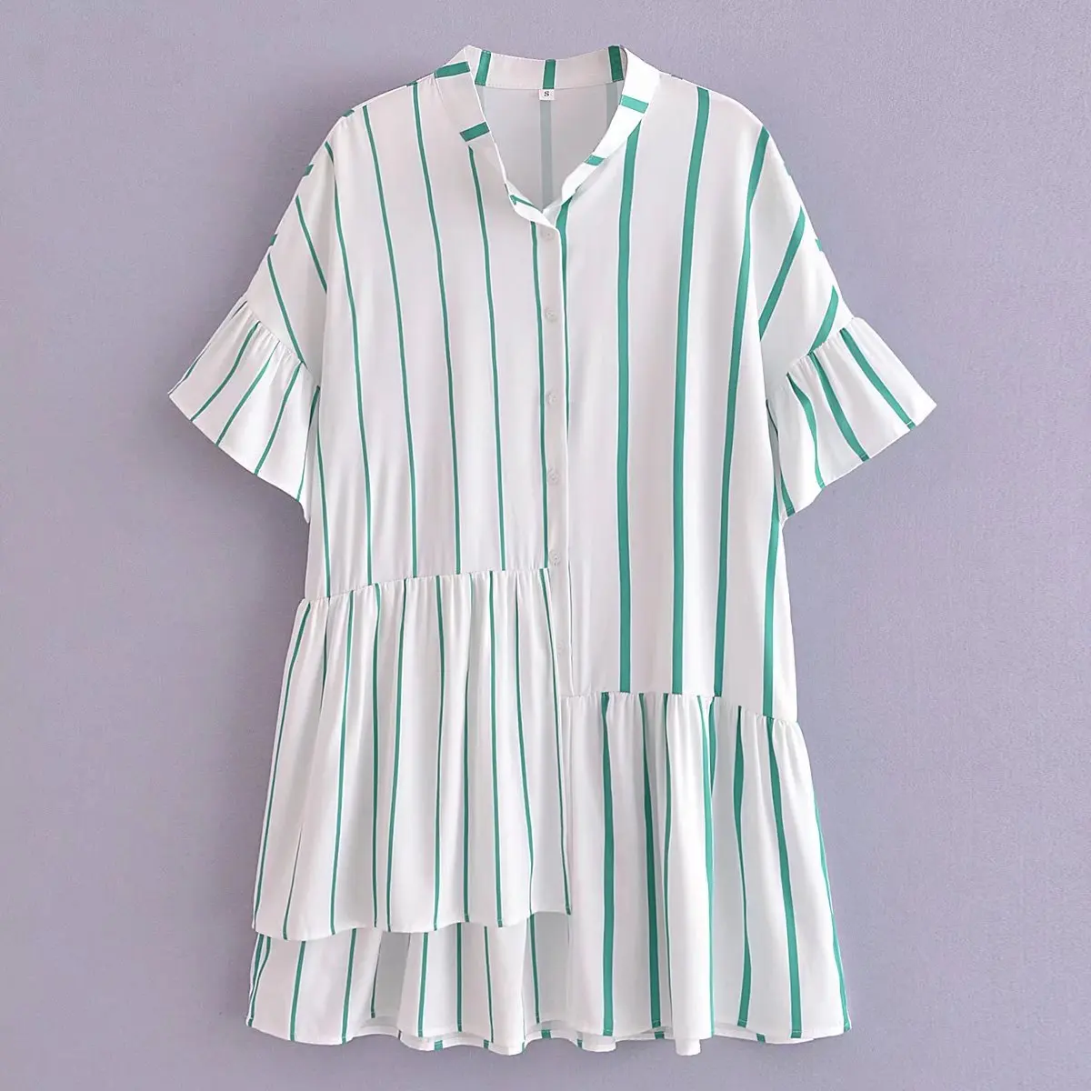 

SuperAen New 2022 Green Stripe Irregular Stand Short Sleeve Loose A-LINE Casual Flounced Edge Dresses Women