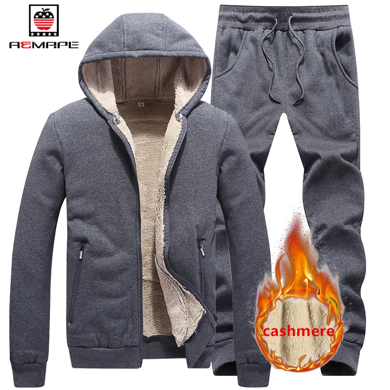 

AEMAPE Mens Winter Fleece 2 Pieces Lamb Wool Tracksuit Set Male Loose Casual Tracksuits Men Thick Warm Sets 2022 Plus Velvet