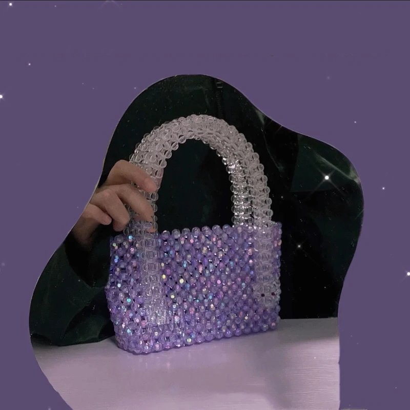 

Customized Women's Handbag Handmade Beaded Ladies Transparent Bag Girl Bead Small Clear Bags for Women Shoulder Glitter Purse