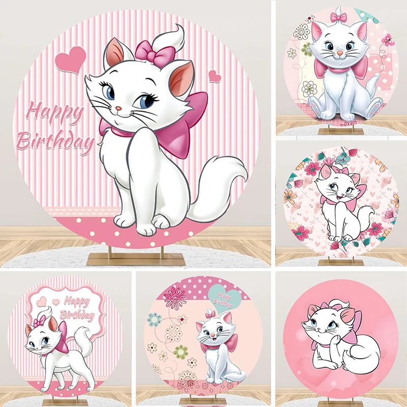 

Disney Pink Noble and Elegant Marie Cat Round Backdrop Baby Shower Girls 1st Birthday Party Circle Background Photo Decor Banner