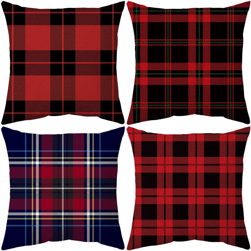 

High Quality Short Plush Christmas Red Plaid Print Pillowcase Square Cushion Cover Pillow Cases Vintage Home Decoration