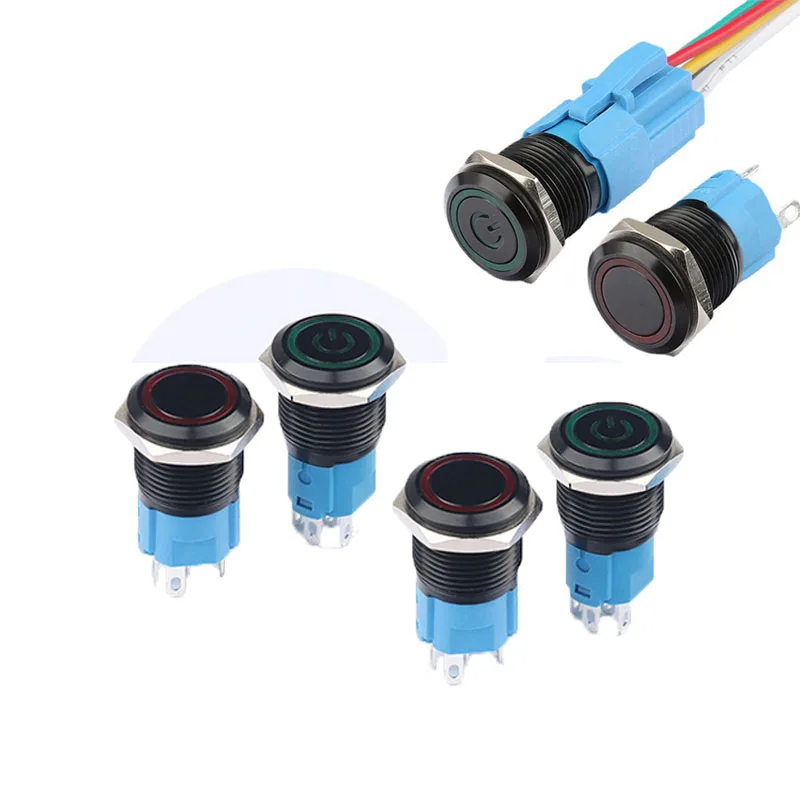

16mm Black Push Button Light Switch Waterproof illuminated Led Metal Momentary Latching Switches 5v 12v 220V 5PCS With connector