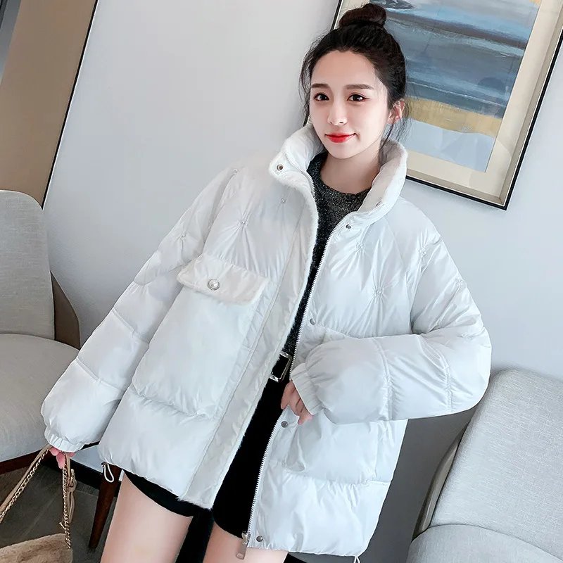 Winter Woman Short Waterproof 2022 New Women's Beaded Bright Down Padded Jacket Korean Style Loose Padded Big Pocket Jacket