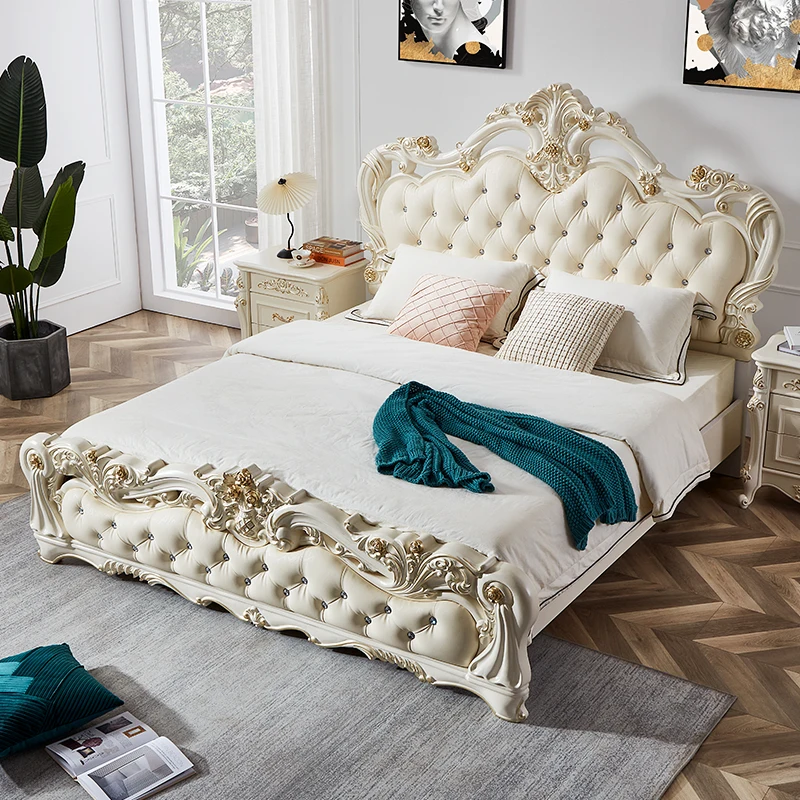 Дворцовая двуспальная эстетичная кровать из массива дерева кожаная европейская